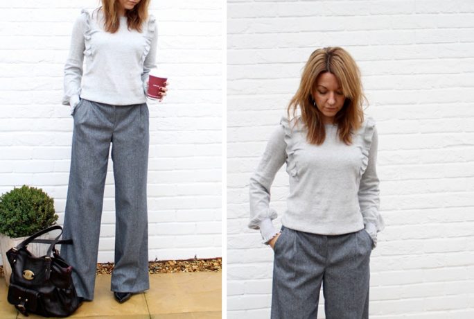 Mummy Of Boy Girl Twins Grey Ruffle Jumper Wide Leg Trousers