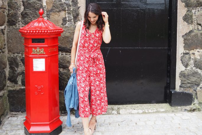 Blossoming Birds Red Jump Suite Denim Jacket Cream Tassel Bag