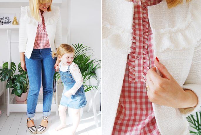 Brick Dust Glitter Gingham Blouse Boucle Coat Straight Leg Jeans